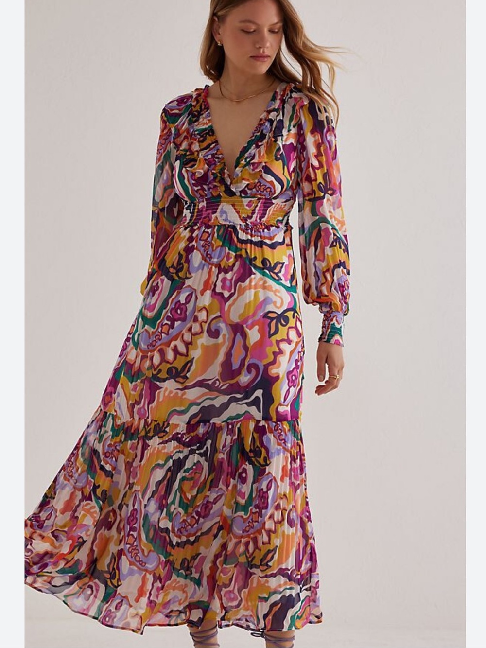 Anthropologie Odetta Ruffled V-Neck Maxi Dress